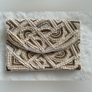 Antik Kraft Beaded Clutch Sand Cream Gold Handmade India Evening Bag 10.5x7